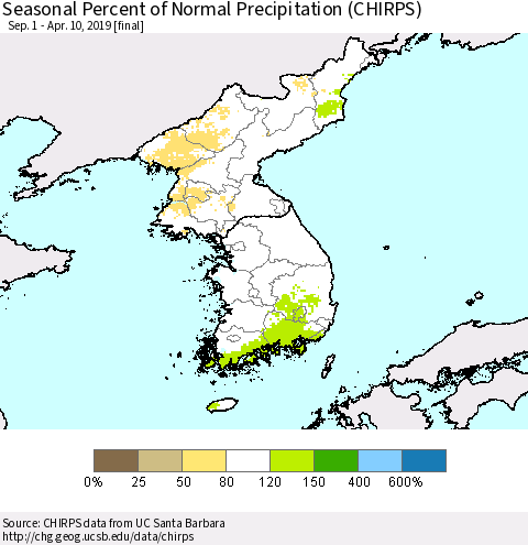 Korea Seasonal Percent of Normal Precipitation (CHIRPS) Thematic Map For 9/1/2018 - 4/10/2019