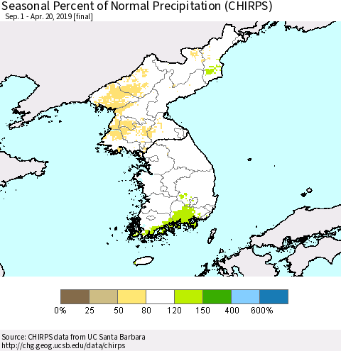 Korea Seasonal Percent of Normal Precipitation (CHIRPS) Thematic Map For 9/1/2018 - 4/20/2019