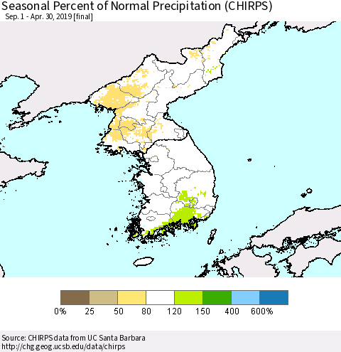 Korea Seasonal Percent of Normal Precipitation (CHIRPS) Thematic Map For 9/1/2018 - 4/30/2019