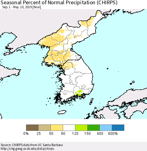 Korea Seasonal Percent of Normal Precipitation (CHIRPS) Thematic Map For 9/1/2018 - 5/10/2019