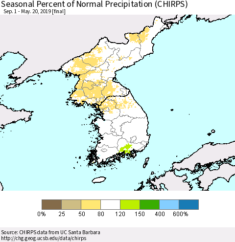 Korea Seasonal Percent of Normal Precipitation (CHIRPS) Thematic Map For 9/1/2018 - 5/20/2019