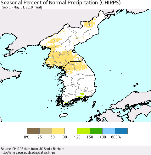 Korea Seasonal Percent of Normal Precipitation (CHIRPS) Thematic Map For 9/1/2018 - 5/31/2019