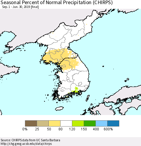 Korea Seasonal Percent of Normal Precipitation (CHIRPS) Thematic Map For 9/1/2018 - 6/30/2019