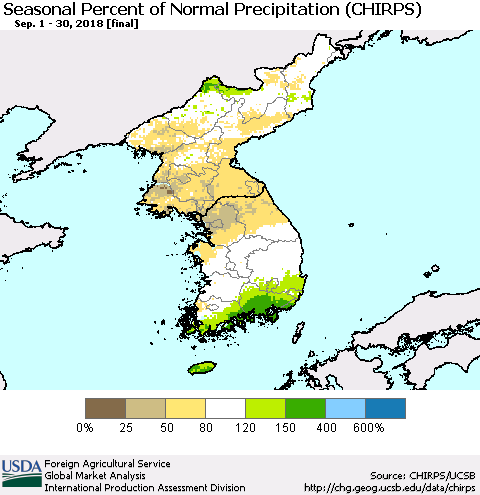 Korea Seasonal Percent of Normal Precipitation (CHIRPS) Thematic Map For 9/1/2018 - 9/30/2018