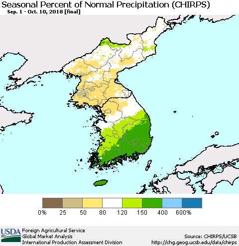 Korea Seasonal Percent of Normal Precipitation (CHIRPS) Thematic Map For 9/1/2018 - 10/10/2018