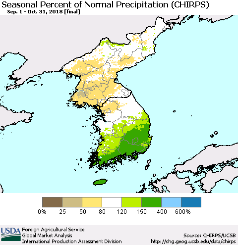 Korea Seasonal Percent of Normal Precipitation (CHIRPS) Thematic Map For 9/1/2018 - 10/31/2018