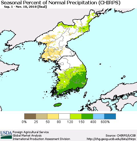 Korea Seasonal Percent of Normal Precipitation (CHIRPS) Thematic Map For 9/1/2018 - 11/10/2018