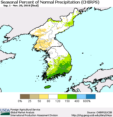 Korea Seasonal Percent of Normal Precipitation (CHIRPS) Thematic Map For 9/1/2018 - 11/20/2018