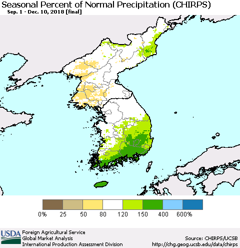 Korea Seasonal Percent of Normal Precipitation (CHIRPS) Thematic Map For 9/1/2018 - 12/10/2018