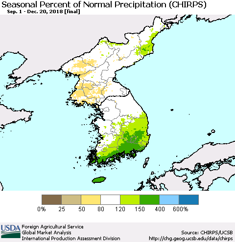 Korea Seasonal Percent of Normal Precipitation (CHIRPS) Thematic Map For 9/1/2018 - 12/20/2018