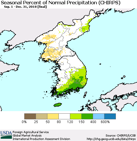 Korea Seasonal Percent of Normal Precipitation (CHIRPS) Thematic Map For 9/1/2018 - 12/31/2018