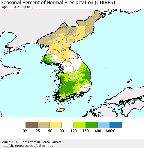 Korea Seasonal Percent of Normal Precipitation (CHIRPS) Thematic Map For 4/1/2019 - 4/10/2019