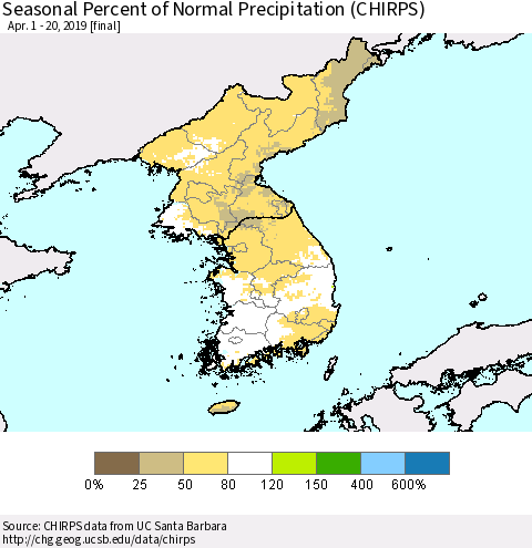 Korea Seasonal Percent of Normal Precipitation (CHIRPS) Thematic Map For 4/1/2019 - 4/20/2019