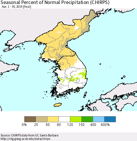Korea Seasonal Percent of Normal Precipitation (CHIRPS) Thematic Map For 4/1/2019 - 4/30/2019