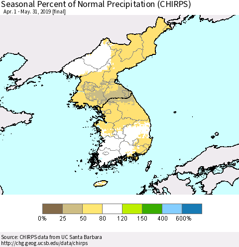 Korea Seasonal Percent of Normal Precipitation (CHIRPS) Thematic Map For 4/1/2019 - 5/31/2019