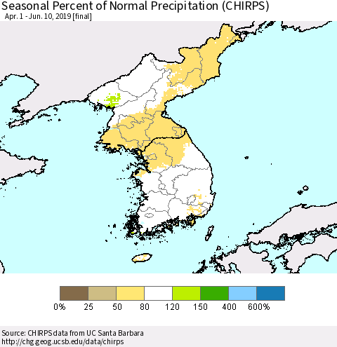 Korea Seasonal Percent of Normal Precipitation (CHIRPS) Thematic Map For 4/1/2019 - 6/10/2019