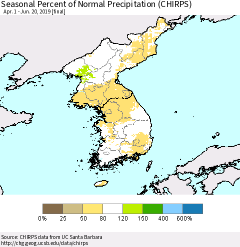 Korea Seasonal Percent of Normal Precipitation (CHIRPS) Thematic Map For 4/1/2019 - 6/20/2019