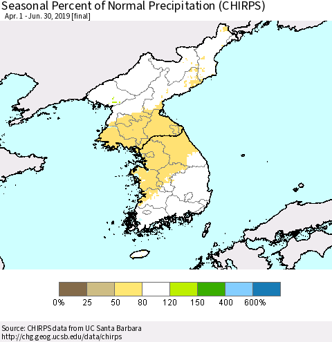 Korea Seasonal Percent of Normal Precipitation (CHIRPS) Thematic Map For 4/1/2019 - 6/30/2019