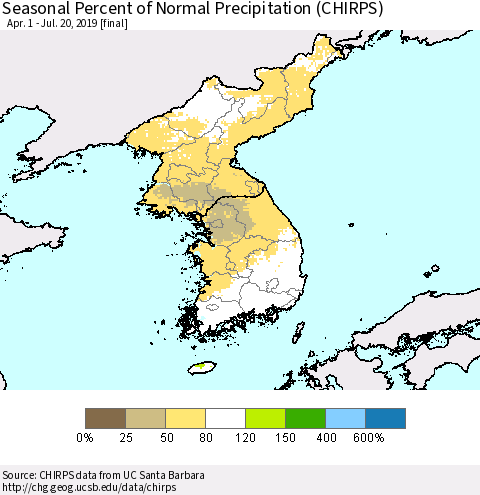 Korea Seasonal Percent of Normal Precipitation (CHIRPS) Thematic Map For 4/1/2019 - 7/20/2019