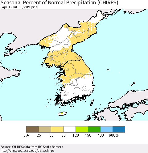 Korea Seasonal Percent of Normal Precipitation (CHIRPS) Thematic Map For 4/1/2019 - 7/31/2019