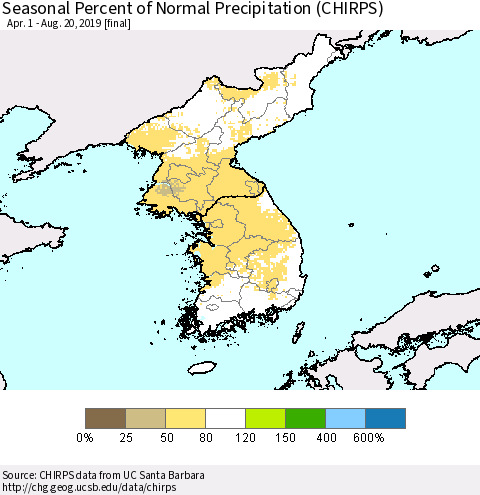 Korea Seasonal Percent of Normal Precipitation (CHIRPS) Thematic Map For 4/1/2019 - 8/20/2019
