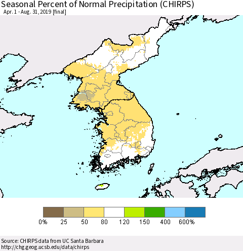 Korea Seasonal Percent of Normal Precipitation (CHIRPS) Thematic Map For 4/1/2019 - 8/31/2019