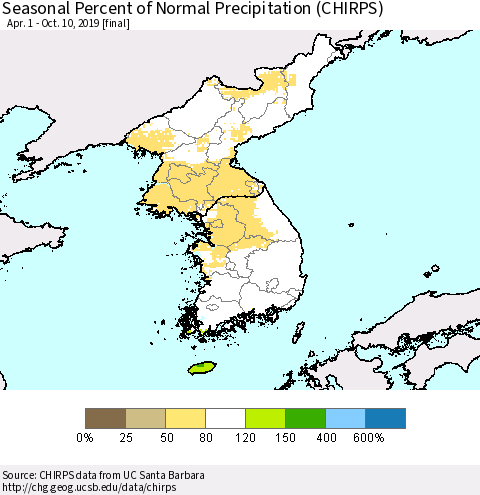 Korea Seasonal Percent of Normal Precipitation (CHIRPS) Thematic Map For 4/1/2019 - 10/10/2019