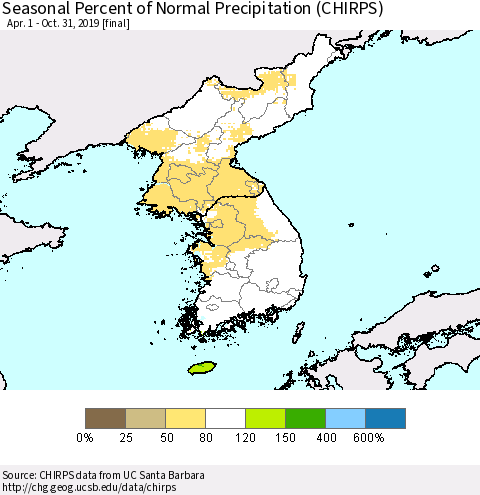 Korea Seasonal Percent of Normal Precipitation (CHIRPS) Thematic Map For 4/1/2019 - 10/31/2019