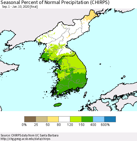 Korea Seasonal Percent of Normal Precipitation (CHIRPS) Thematic Map For 9/1/2019 - 1/10/2020