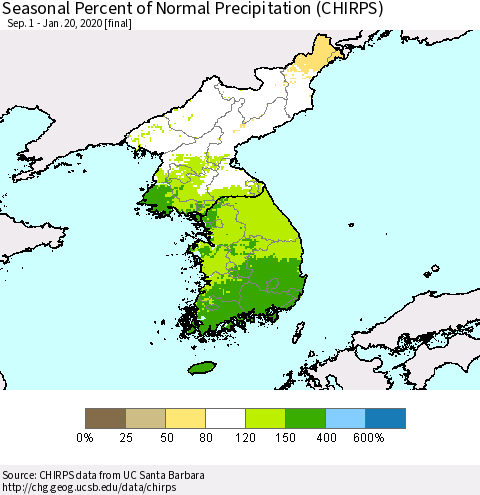 Korea Seasonal Percent of Normal Precipitation (CHIRPS) Thematic Map For 9/1/2019 - 1/20/2020