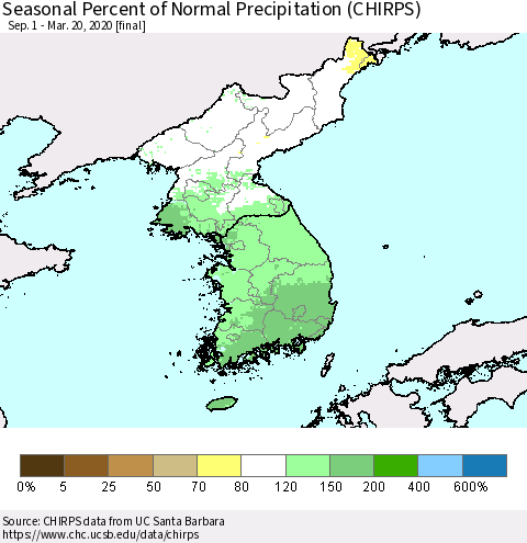 Korea Seasonal Percent of Normal Precipitation (CHIRPS) Thematic Map For 9/1/2019 - 3/20/2020