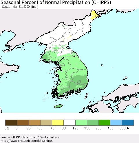 Korea Seasonal Percent of Normal Precipitation (CHIRPS) Thematic Map For 9/1/2019 - 3/31/2020