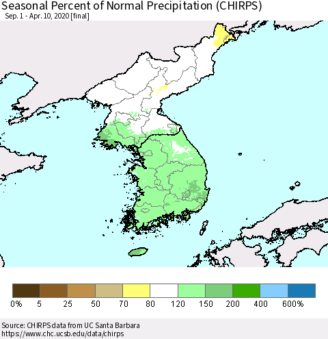 Korea Seasonal Percent of Normal Precipitation (CHIRPS) Thematic Map For 9/1/2019 - 4/10/2020