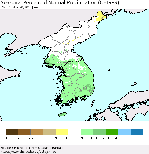 Korea Seasonal Percent of Normal Precipitation (CHIRPS) Thematic Map For 9/1/2019 - 4/20/2020