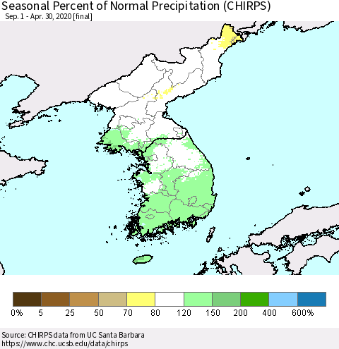 Korea Seasonal Percent of Normal Precipitation (CHIRPS) Thematic Map For 9/1/2019 - 4/30/2020