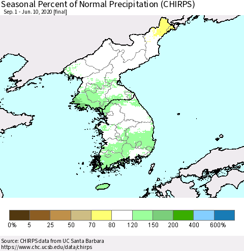 Korea Seasonal Percent of Normal Precipitation (CHIRPS) Thematic Map For 9/1/2019 - 6/10/2020