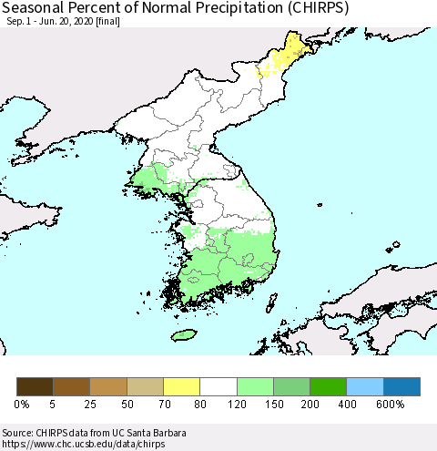 Korea Seasonal Percent of Normal Precipitation (CHIRPS) Thematic Map For 9/1/2019 - 6/20/2020