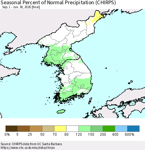 Korea Seasonal Percent of Normal Precipitation (CHIRPS) Thematic Map For 9/1/2019 - 6/30/2020