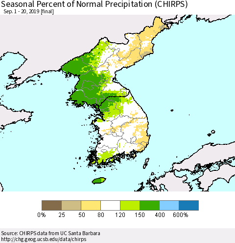 Korea Seasonal Percent of Normal Precipitation (CHIRPS) Thematic Map For 9/1/2019 - 9/20/2019