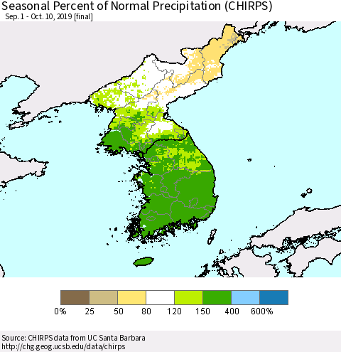 Korea Seasonal Percent of Normal Precipitation (CHIRPS) Thematic Map For 9/1/2019 - 10/10/2019