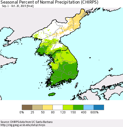 Korea Seasonal Percent of Normal Precipitation (CHIRPS) Thematic Map For 9/1/2019 - 10/20/2019
