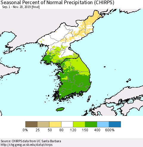 Korea Seasonal Percent of Normal Precipitation (CHIRPS) Thematic Map For 9/1/2019 - 11/20/2019