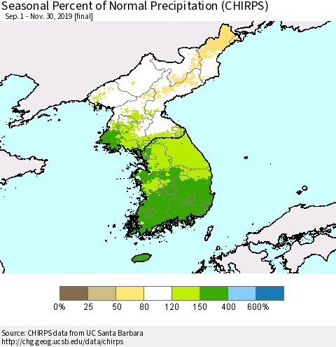 Korea Seasonal Percent of Normal Precipitation (CHIRPS) Thematic Map For 9/1/2019 - 11/30/2019
