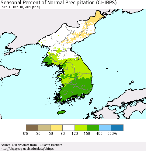 Korea Seasonal Percent of Normal Precipitation (CHIRPS) Thematic Map For 9/1/2019 - 12/10/2019