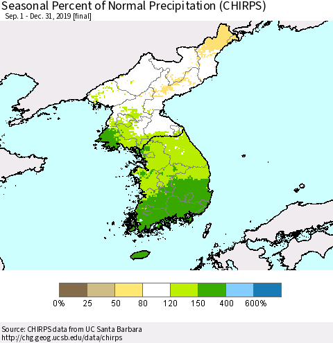 Korea Seasonal Percent of Normal Precipitation (CHIRPS) Thematic Map For 9/1/2019 - 12/31/2019