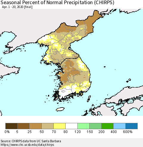 Korea Seasonal Percent of Normal Precipitation (CHIRPS) Thematic Map For 4/1/2020 - 4/20/2020