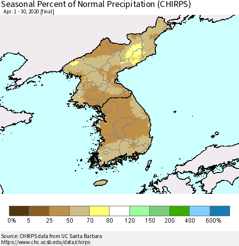 Korea Seasonal Percent of Normal Precipitation (CHIRPS) Thematic Map For 4/1/2020 - 4/30/2020