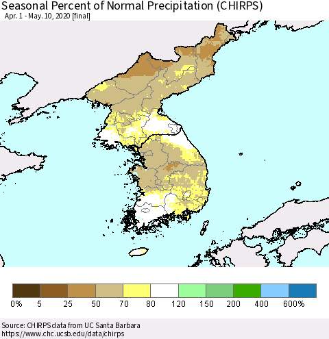 Korea Seasonal Percent of Normal Precipitation (CHIRPS) Thematic Map For 4/1/2020 - 5/10/2020