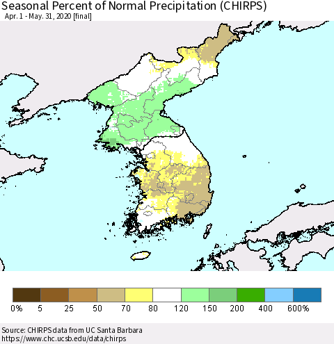Korea Seasonal Percent of Normal Precipitation (CHIRPS) Thematic Map For 4/1/2020 - 5/31/2020