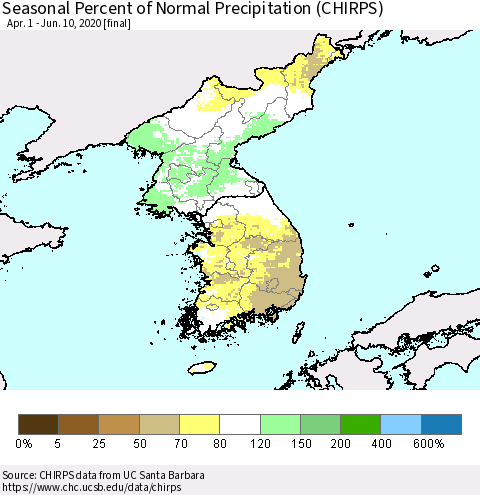 Korea Seasonal Percent of Normal Precipitation (CHIRPS) Thematic Map For 4/1/2020 - 6/10/2020